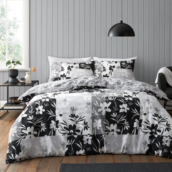Reversible Duvet Cover Set with Floral Design | Elegant Bedding Set with Black, White & Grey Floral Patches| Soft, Breathable Polycotton | Reversible Quilt Cover with Button Closure | Includes Matching Pillowcases | Single, D