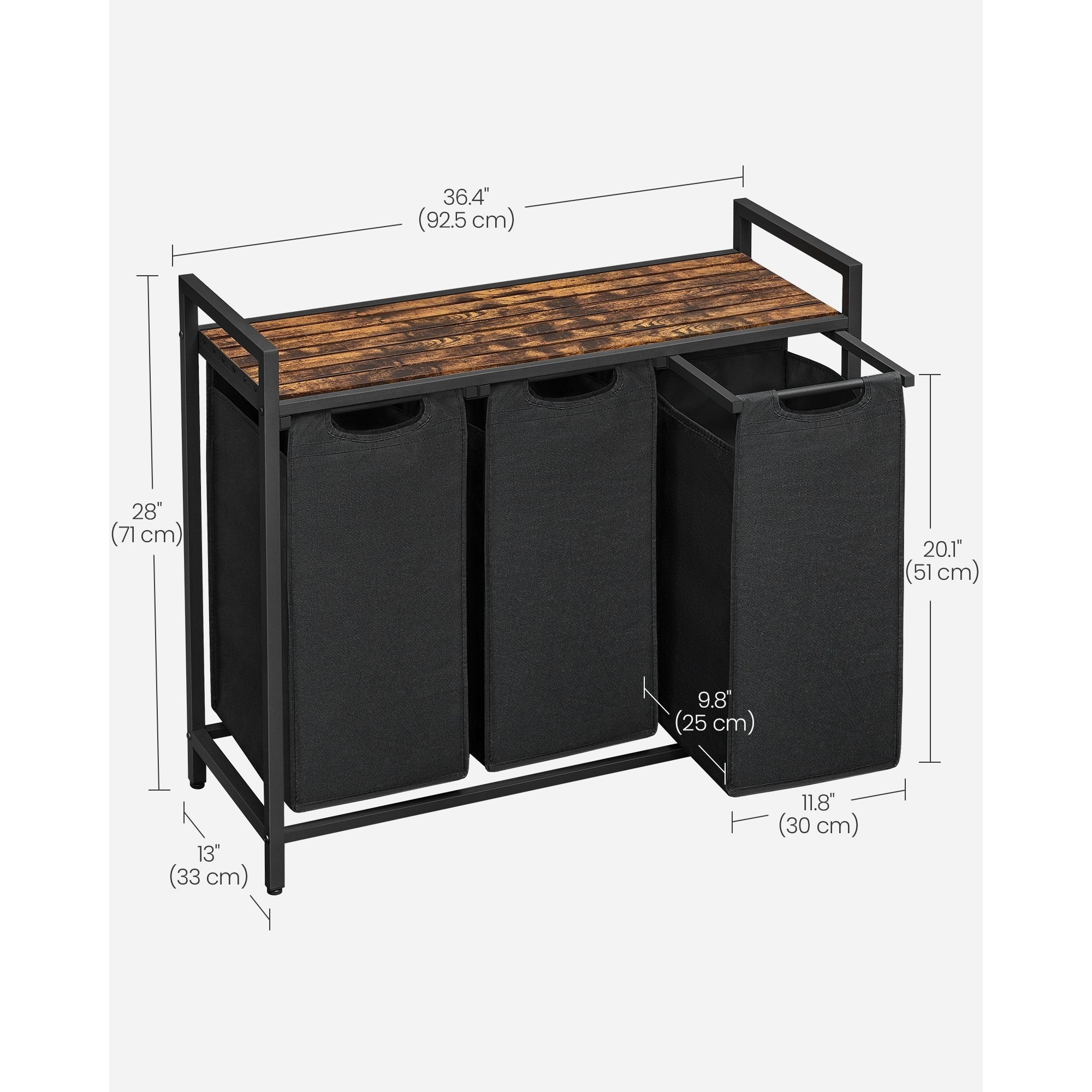 Laundry Basket, 3-Compartment Laundry Hamper, Freestanding Clothes Hamper, Laundry Bag Stands Up Well, Removable Laundry Bags, Laundry Sorter, Shelf, Metal Frame, 3 x 38 L, Black/White/Grey