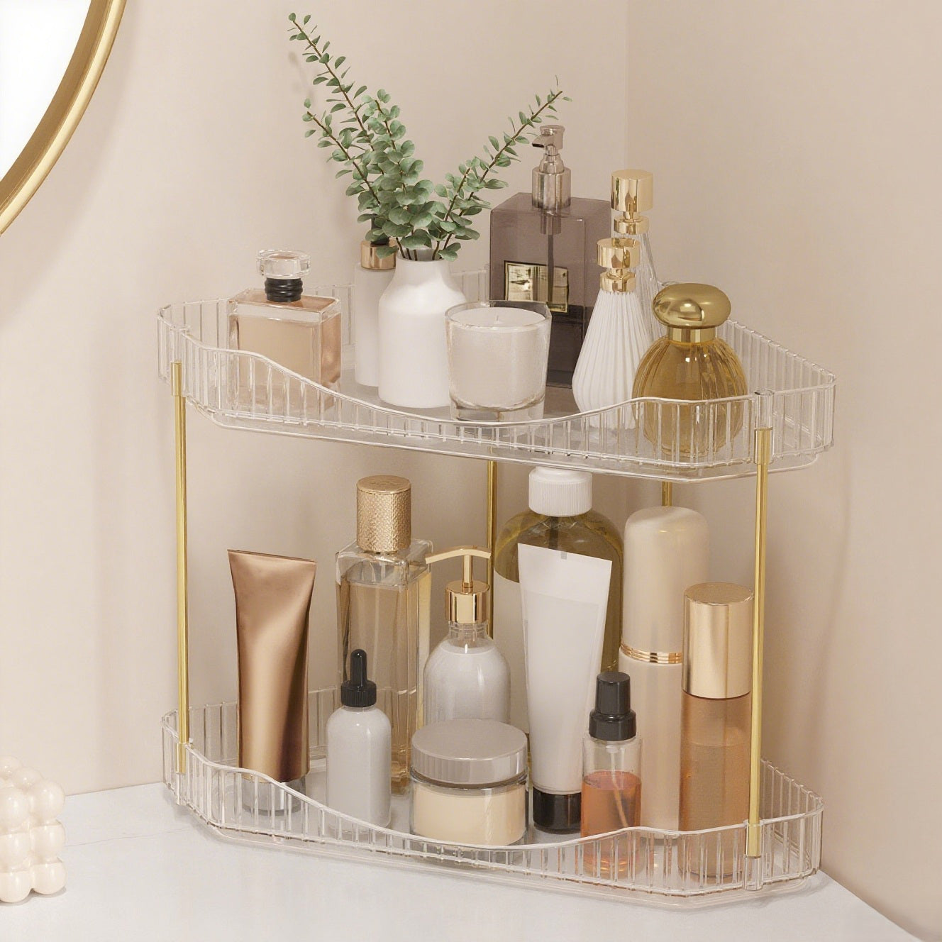 Bathroom Organiser Countertop Storage, Plastic Makeup Skincare Organiser, Vanity Perfume Trays Counter Shelf, Corner Shower Caddy, Corner Storage in Dresser, Bedroom, Kitchen
