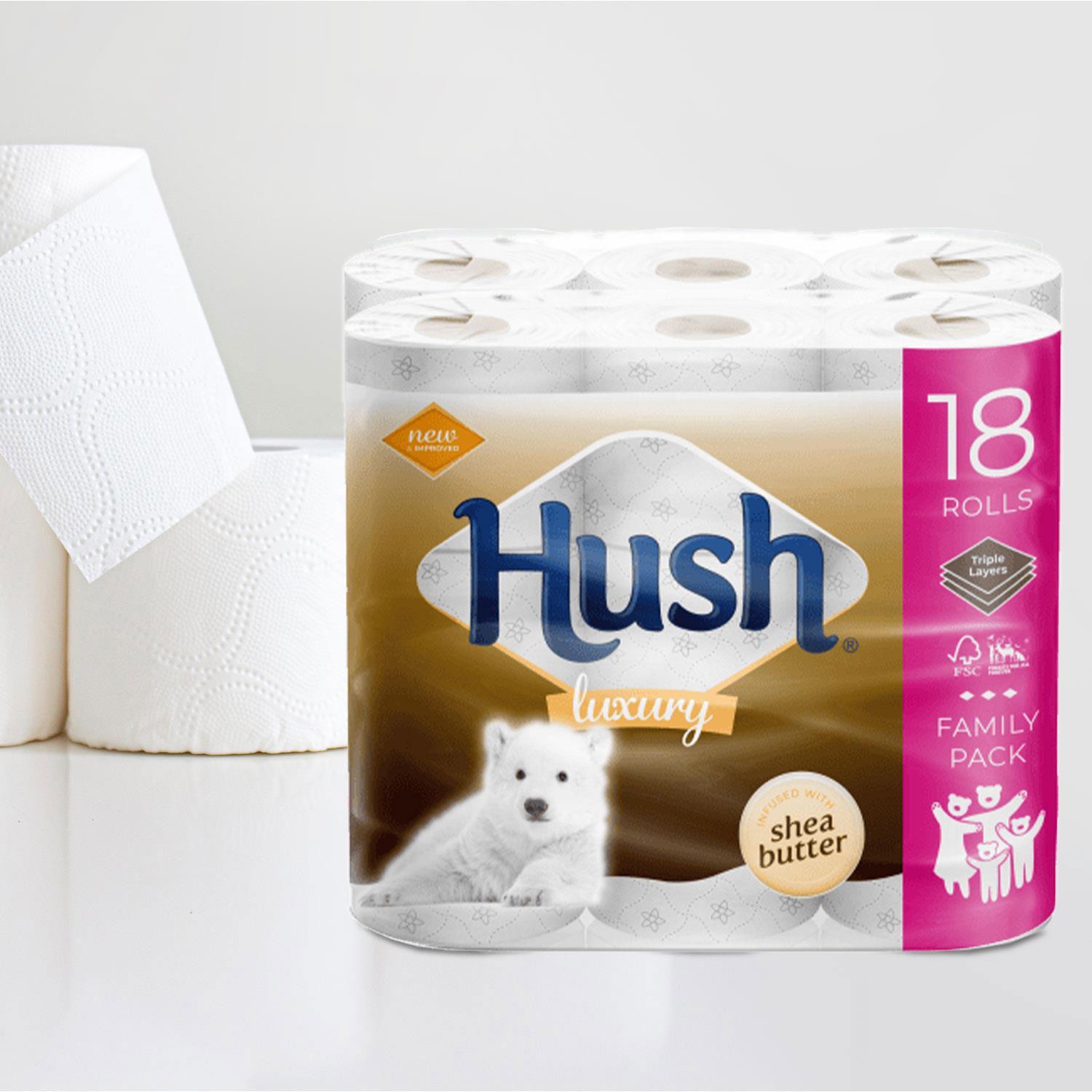 Hush White or Shea Butter Scented Core 3-Ply Luxury Bathroom Tissue, 18 Rolls