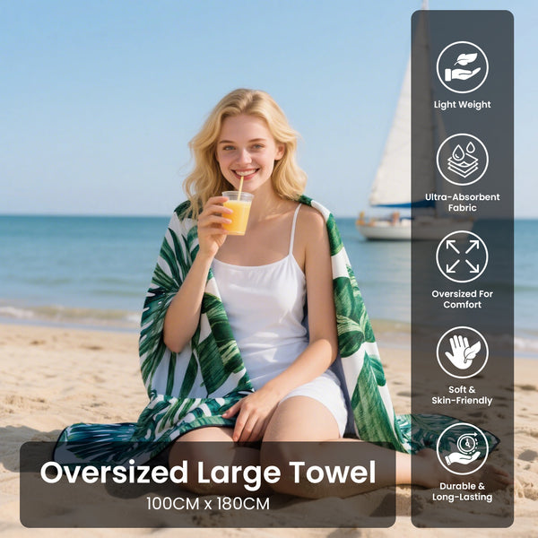 GC GAVENO CAVAILIA Oversized Beach Towel (100cm x 180cm) | Quick-Dry, Ultra Absorbent, Sand-Free | Lightweight & Compact Microfiber Polyester | Perfect for Beach, Pool, Yoga & Travel | Trendy Summer Designs: Tropical Leaf, An