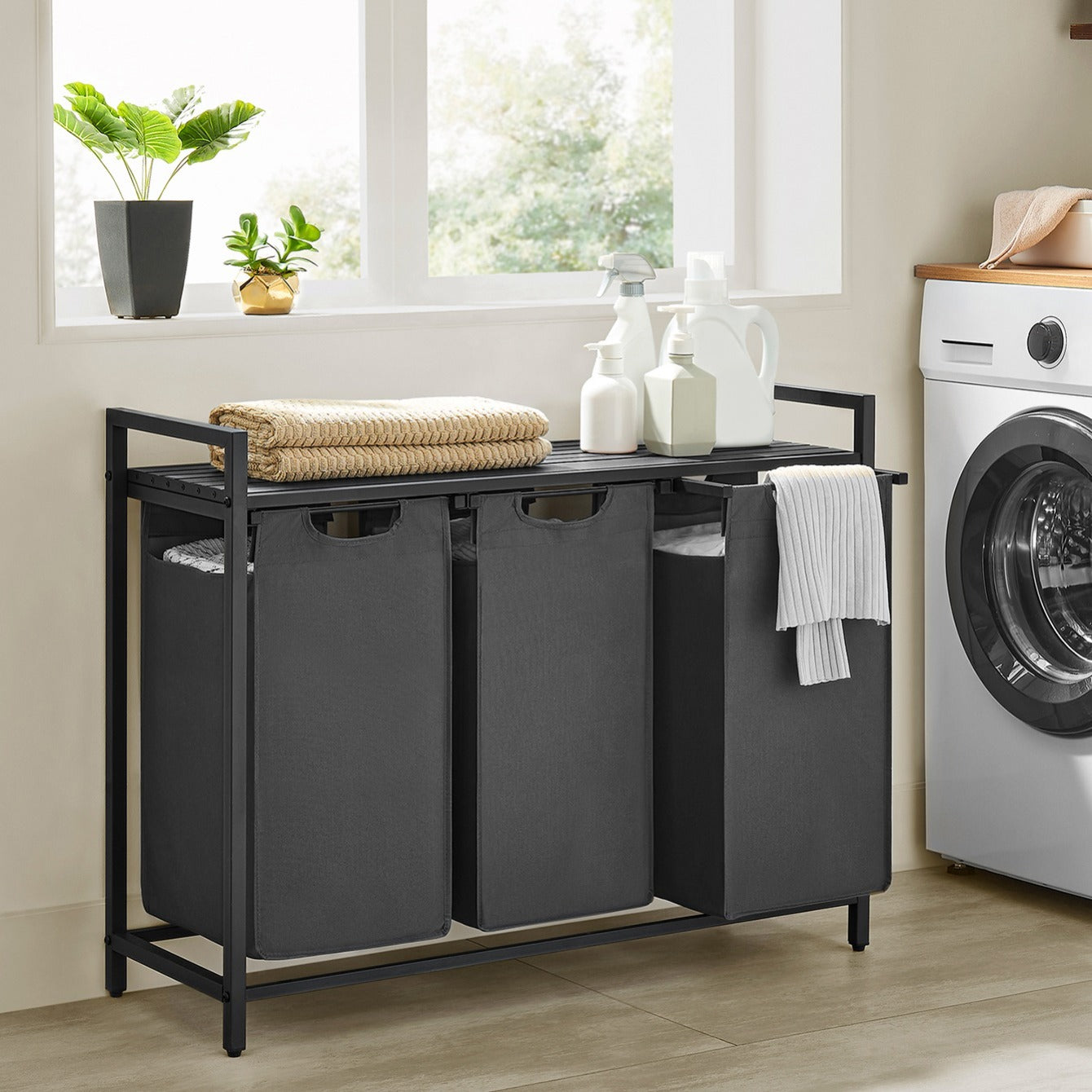 Laundry Basket, 3-Compartment Laundry Hamper, Freestanding Clothes Hamper, Laundry Bag Stands Up Well, Removable Laundry Bags, Laundry Sorter, Shelf, Metal Frame, 3 x 38 L, Black/White/Grey