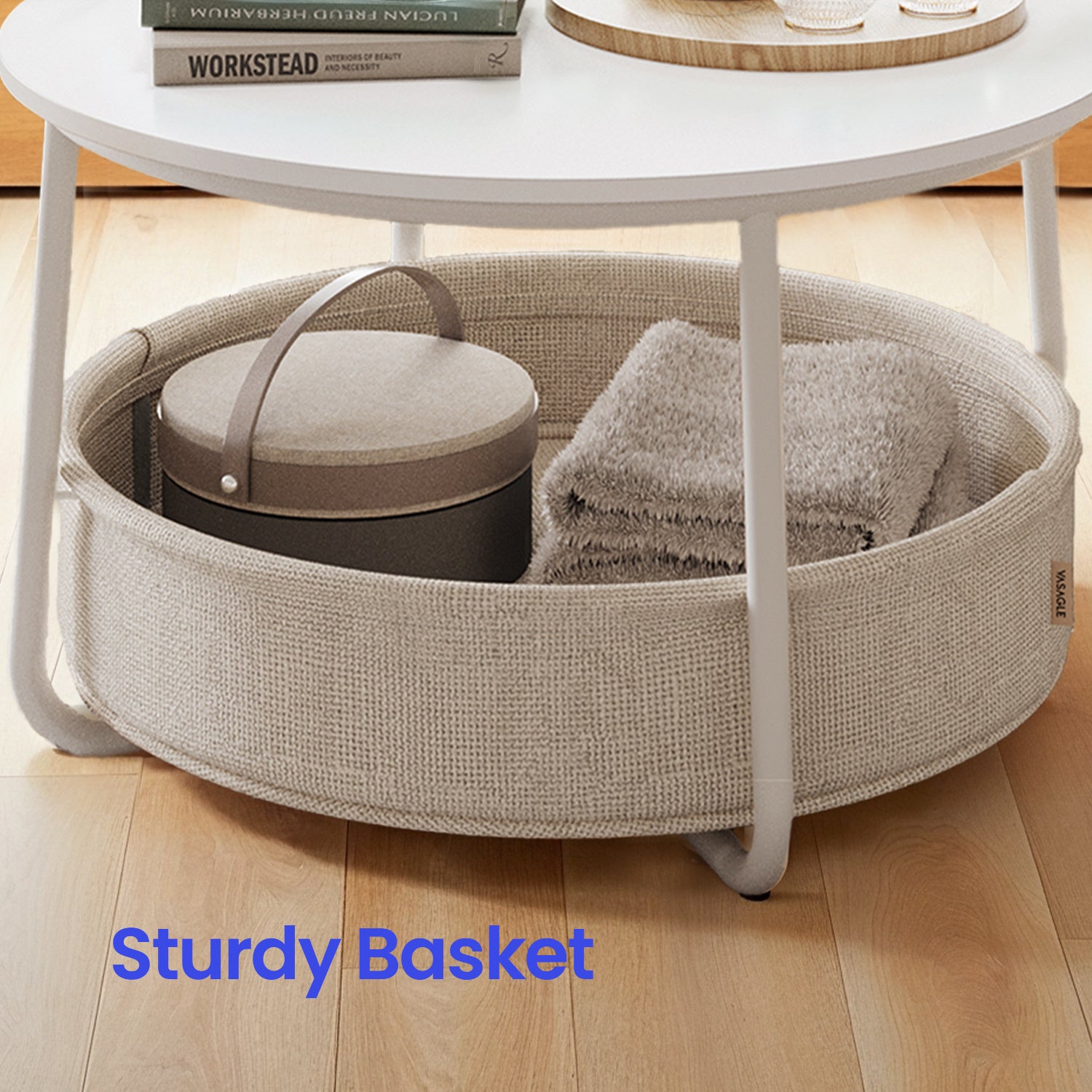 Coffee Table with Storage, Round Center Table with Fabric Basket, Modern Style, White and Brown