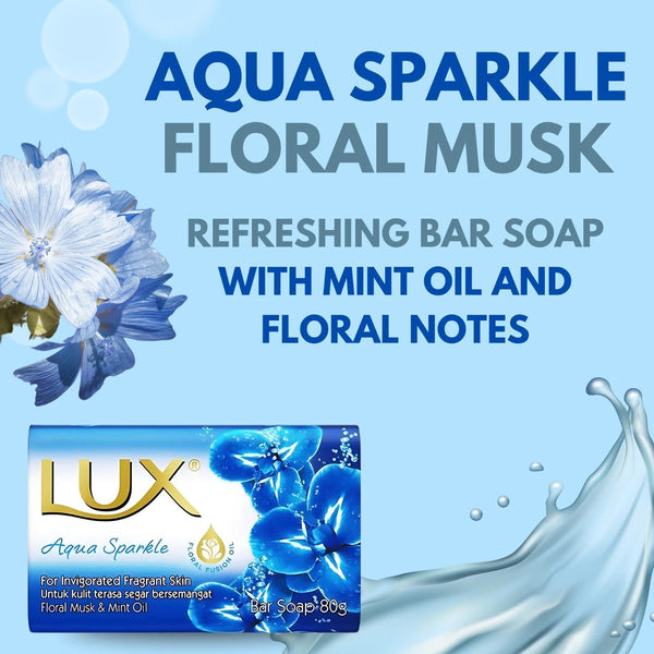 Lux Aqua Sparkle Soap 3 Packs of 4 × 80 g – Floral Musk & Mint Oil – Refreshing Fragrance Bar for Soft & Smooth Skin | 12 Pack