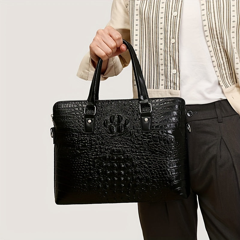 Men's Crocodile Pattern Briefcase - Stylish Business & Commuter Bag with Laptop Compartment, Adjustable Shoulder Strap, and Zipper Closure, Black, Laptop Carrying Case