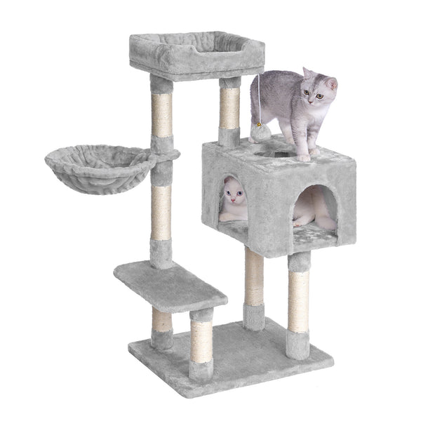 Dogat Cat Tree for Large Cats - 100cm Cat Towers for Indoor Cats, Cat Cave with 3 Doors, Cat Condo, Hammock, 7 Scratching Posts, Plush Large Cat Perch, Pompoms