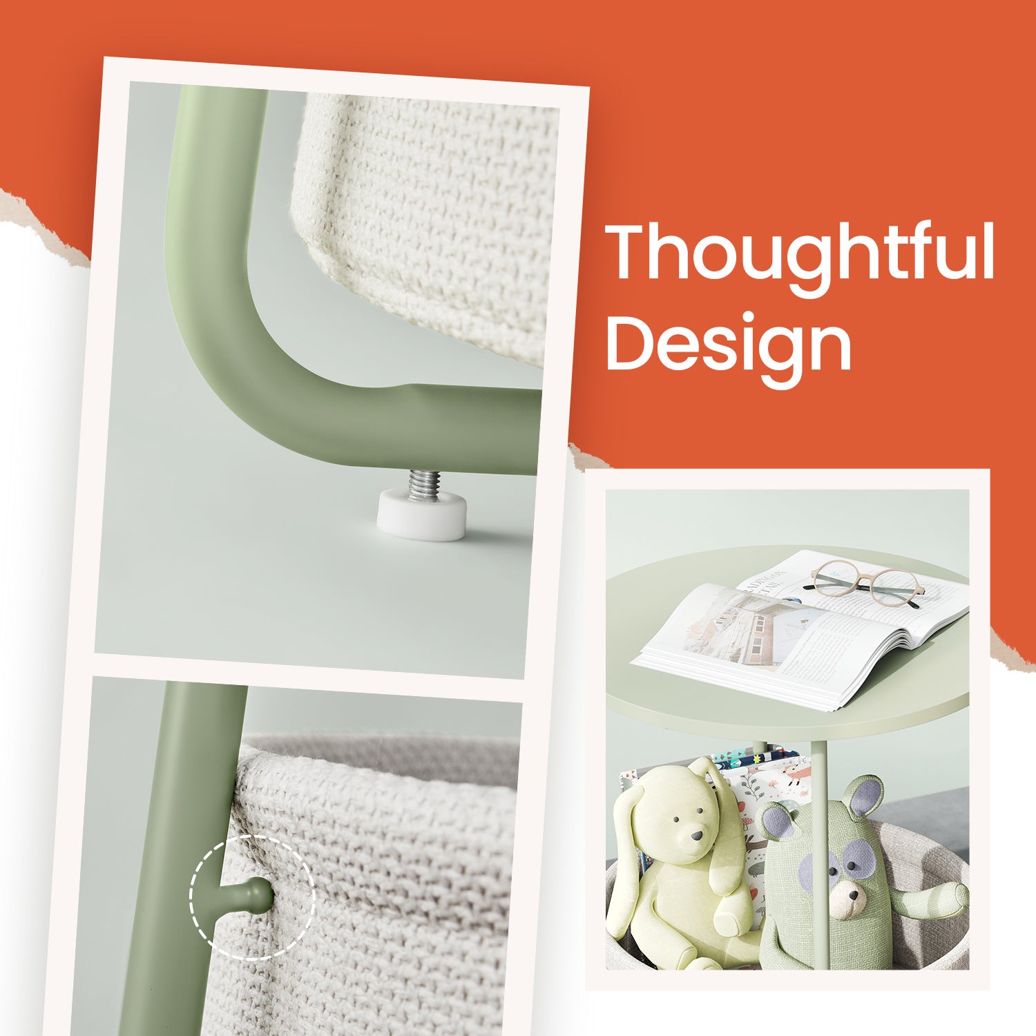 Side Table, Round End Table with Fabric Basket, for Living Room Bedroom, Bedside Table, Modern Style,Cream White,Laurel Green,Jelly Pink,Cement Grey,Ebony Black,Various colors