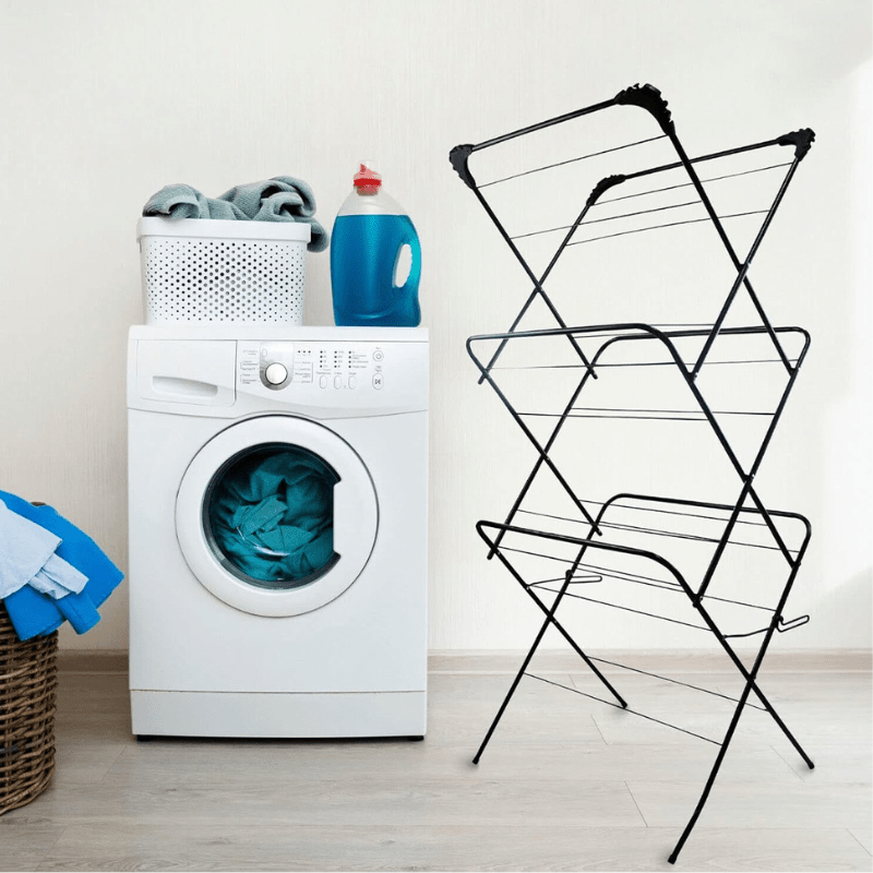 3 Tier Foldable Airer Clothes Drying Laundry Rack with Corner Hanger Slots Portable Indoor & Outdoor Airer, 15m Wash Line Rails Non Slip Feet,5.5cm Folded Space Saving Design, Grey