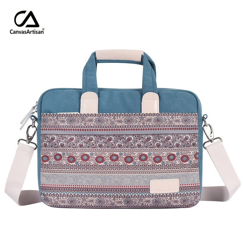 Canvas Artisan Shockproof Laptop Briefcase - Gray Canvas with Colorful Mandala Pattern, Adjustable & Detachable Shoulder Strap, Zip Closure, Polyester Lined for Business, Travel & Daily Commute, Laptop Bag
