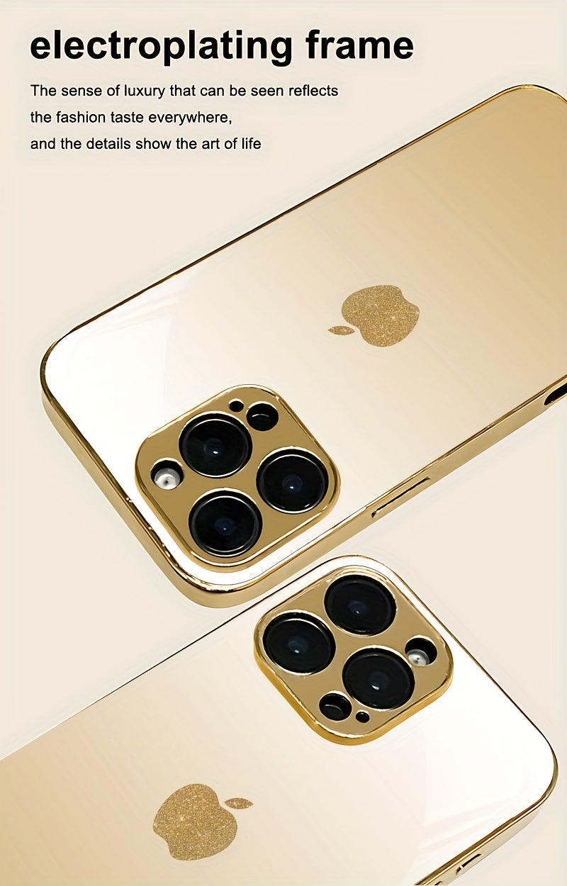 Golden Electroplated iPhone Case with Apple Design – Full-Coverage Frosted Tempered Glass Protection for iPhone 11–18 Series, Dirt-Resistant