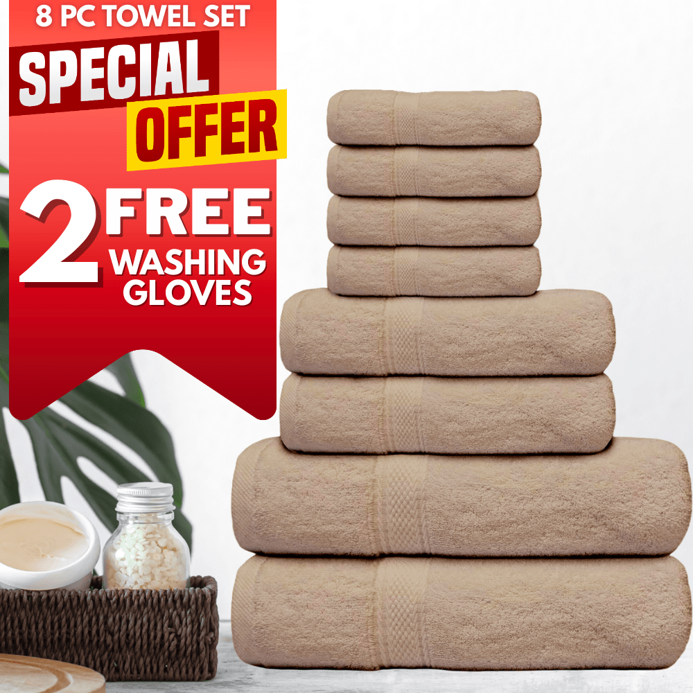8Pack Towel Set+2 Washing Gloves Free Gift 500 GSM - 2 Bath Towels, 2 Hand Towels 4 Washcloths and 2 Washing Gloves 100% Cotton Hotel Quality Family Pack Towel Bale Set Highly Absorbent