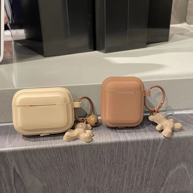 Caramel Khaki Earphone Case with Bear Pendant – Stylish Cover for AirPods 1/2/3 & Pro