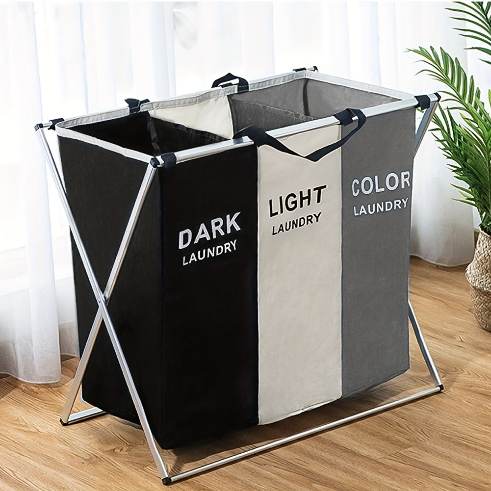 1Pack Foldable & Washable Washing Basket 3 Compartments, Stainless Steel Holder, Dirty Laundry Bag with Handle, Large Laundry Sorter Laundry Basket with Aluminum Bracket and Handle for Laundry Room, Bedroom 66*38*58cm