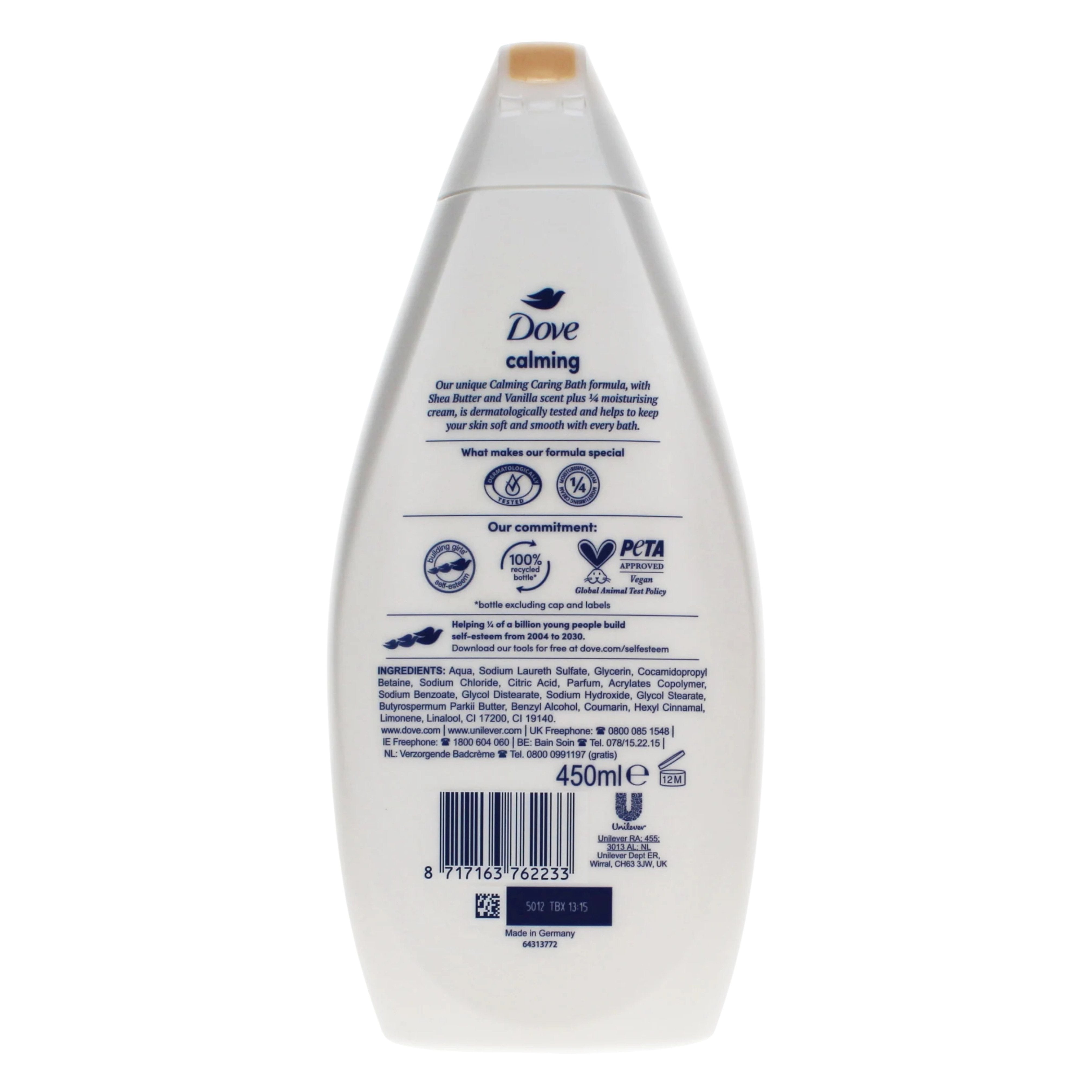 Dove Calming Caring Bath with Shea Butter & Vanilla Scent, Moisturising Cream for Soft Skin, 450ml x 6 Pack