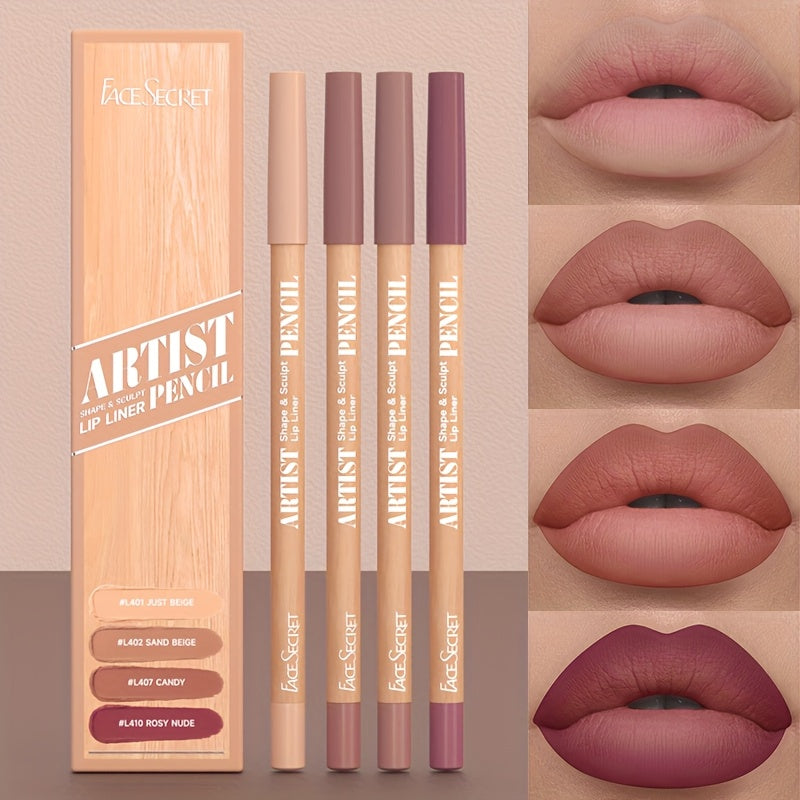 4-Pack Long-Lasting Waterproof & Smudge-Proof Lip Liner Pencils - Creamy Pigmented Matte Lip Defining Pencils with Wax-Based Formula, /Berry/// Shades Suitable for all Light Beige Types (Professional & Everyday Makeup)