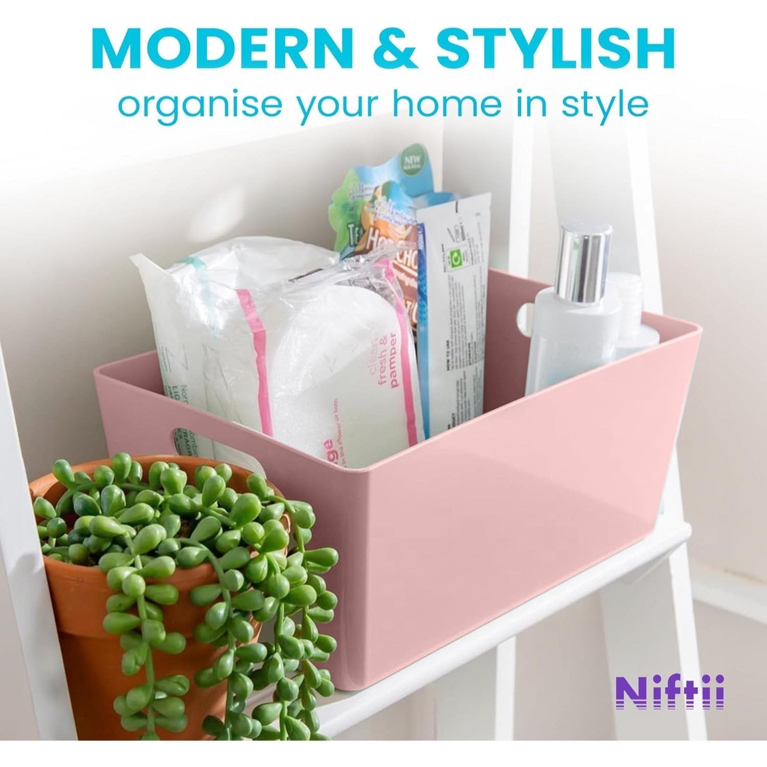Niftii 5-Pack Plastic Storage Baskets with Sturdy Handles, Lightweight & Durable Design, Ideal for Kitchen, Bathroom, and Cleaning Organisation, 3.9L Capacity, 17 x 25 x 11cm