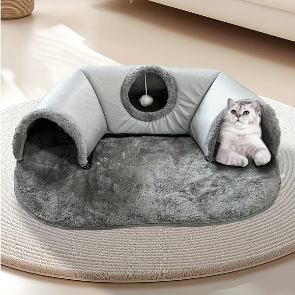 [3-in-1 Cat Tunnel] 3-in-1 Soft Polyester Cat Tunnel Bed & Playhouse | Cozy Hideout for Small Cats & Rabbits up to 8kg, Anti-Slip Bottom & Easy-Clean Design, Durable Pet Furniture