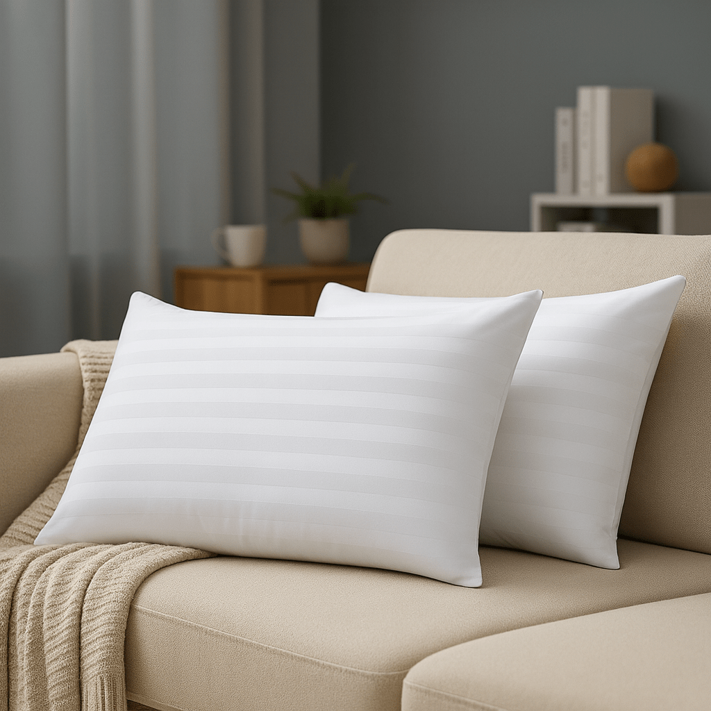 2-Pack Luxury Striped Filled Pillows – Extra Deep Bounce Back Bed Pillows for Back, Side & Stomach Sleepers – Soft, Breathable & Supportive – White or Grey – UK Standard Size