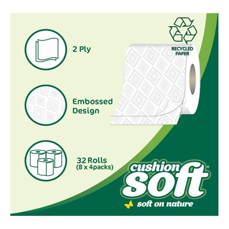 Soft 4 Pack Toilet Tissue 2-PLY 32 Rolls, From Recovered Materials 8 packs x 4 rolls