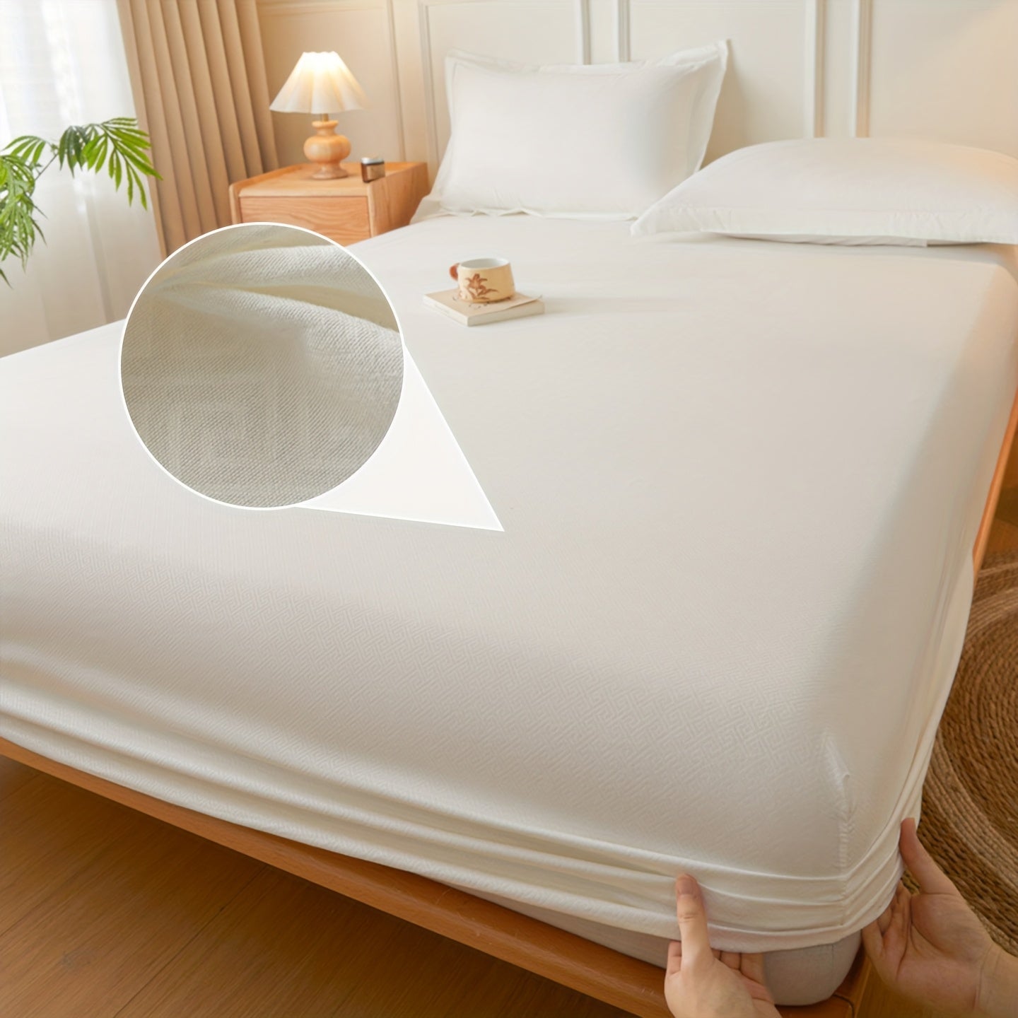 Simple Style Full Wrap Fitted Sheet Mattress Protector Cover, Light Beige-Friendly Comfortable Embossed Design, Non-Slip Fixed Positioning All-Season Machine Washable Without Pillowcase or Cushion