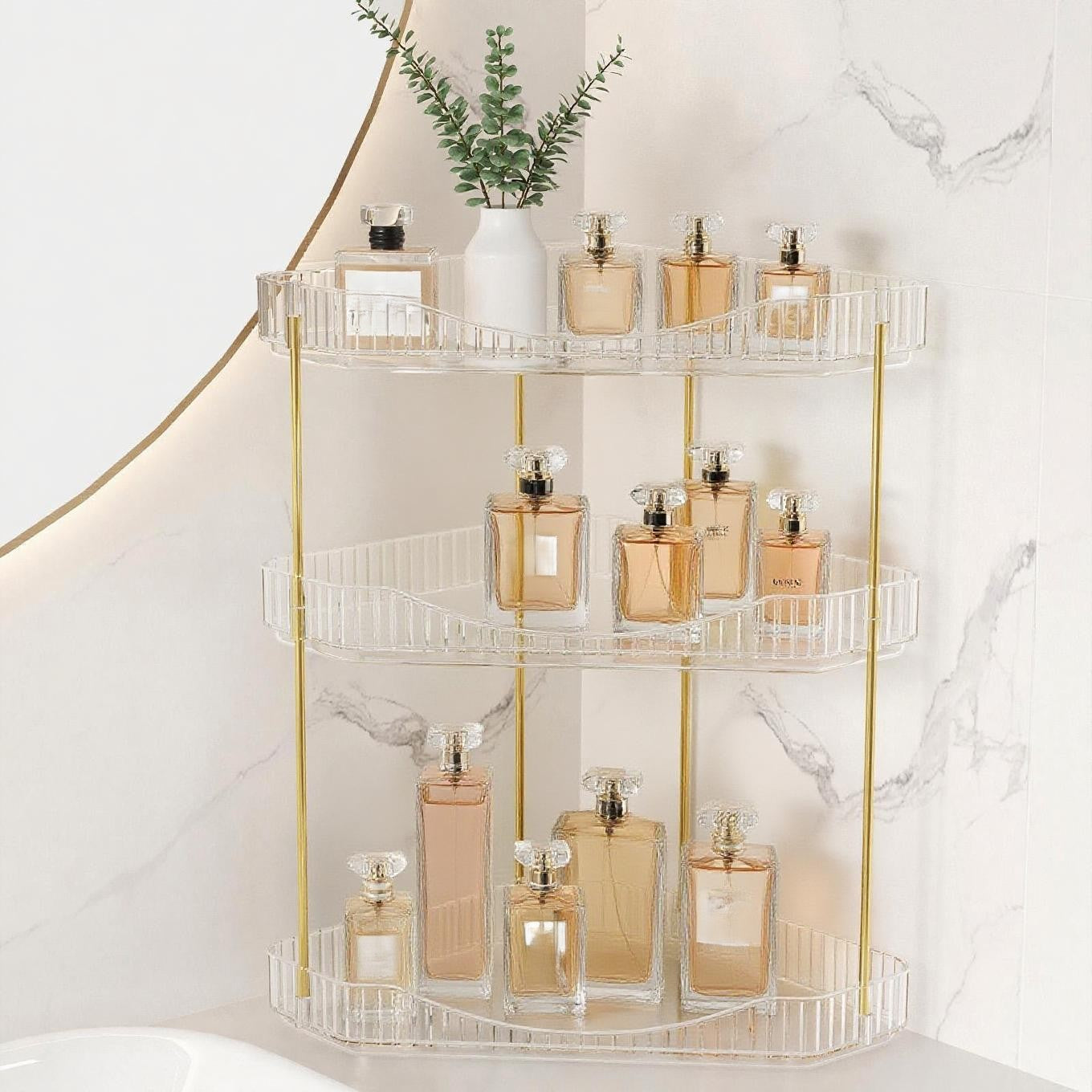 Bathroom Organiser Countertop Storage, Plastic Makeup Skincare Organiser, Vanity Perfume Trays Counter Shelf, Corner Shower Caddy, Corner Storage in Dresser, Bedroom, Kitchen