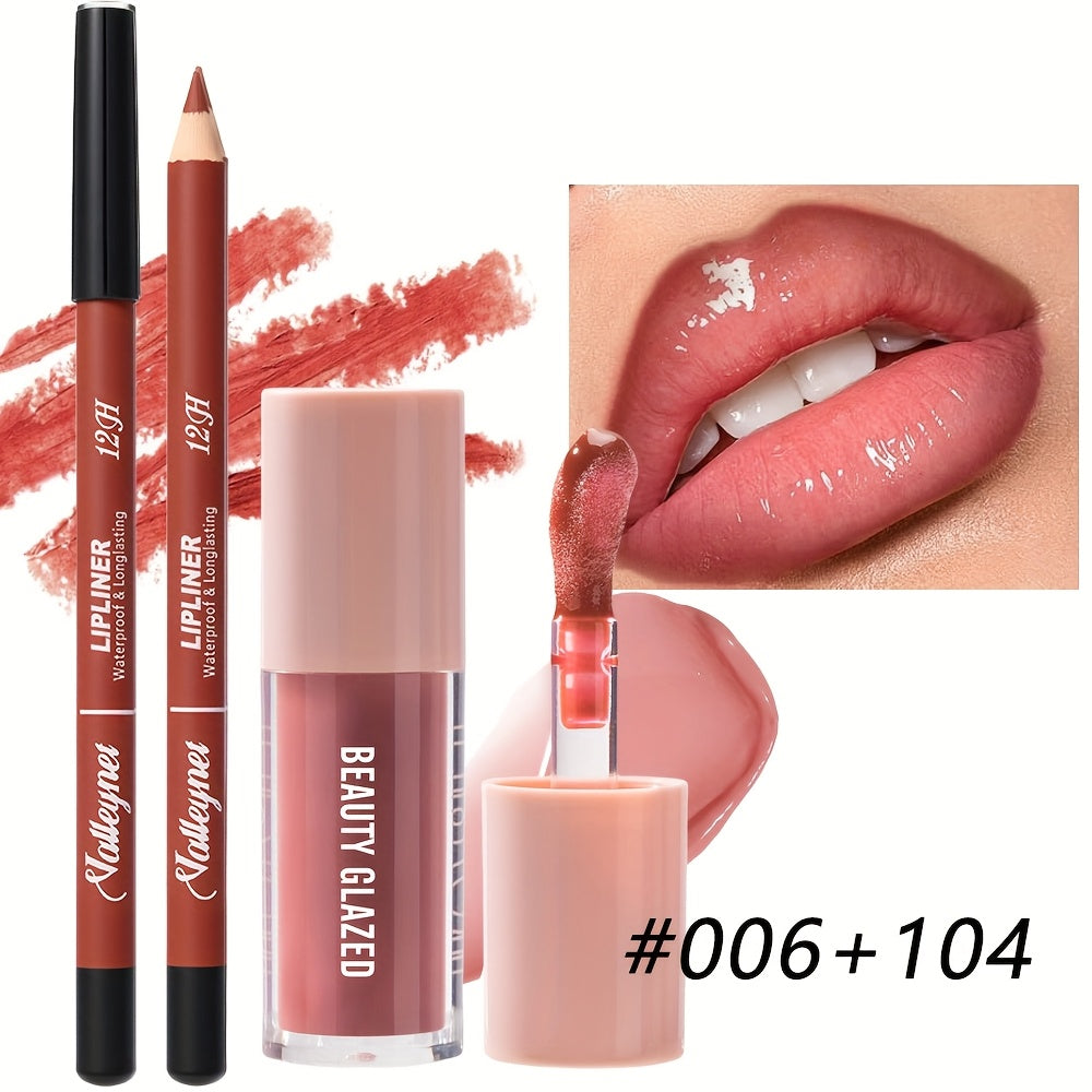 2-Pack Waterproof Lip Liner & Gloss Set/Long-Lasting Matte Lip Makeup Combo/Moisturizing Lip Liner & Lip Glaze (Brown, Pink, Red)/for Beige Types, Nude & Berry Tones/Smudge-Proof Lipstick Duo/Lip Products/Lipstick For Women/L