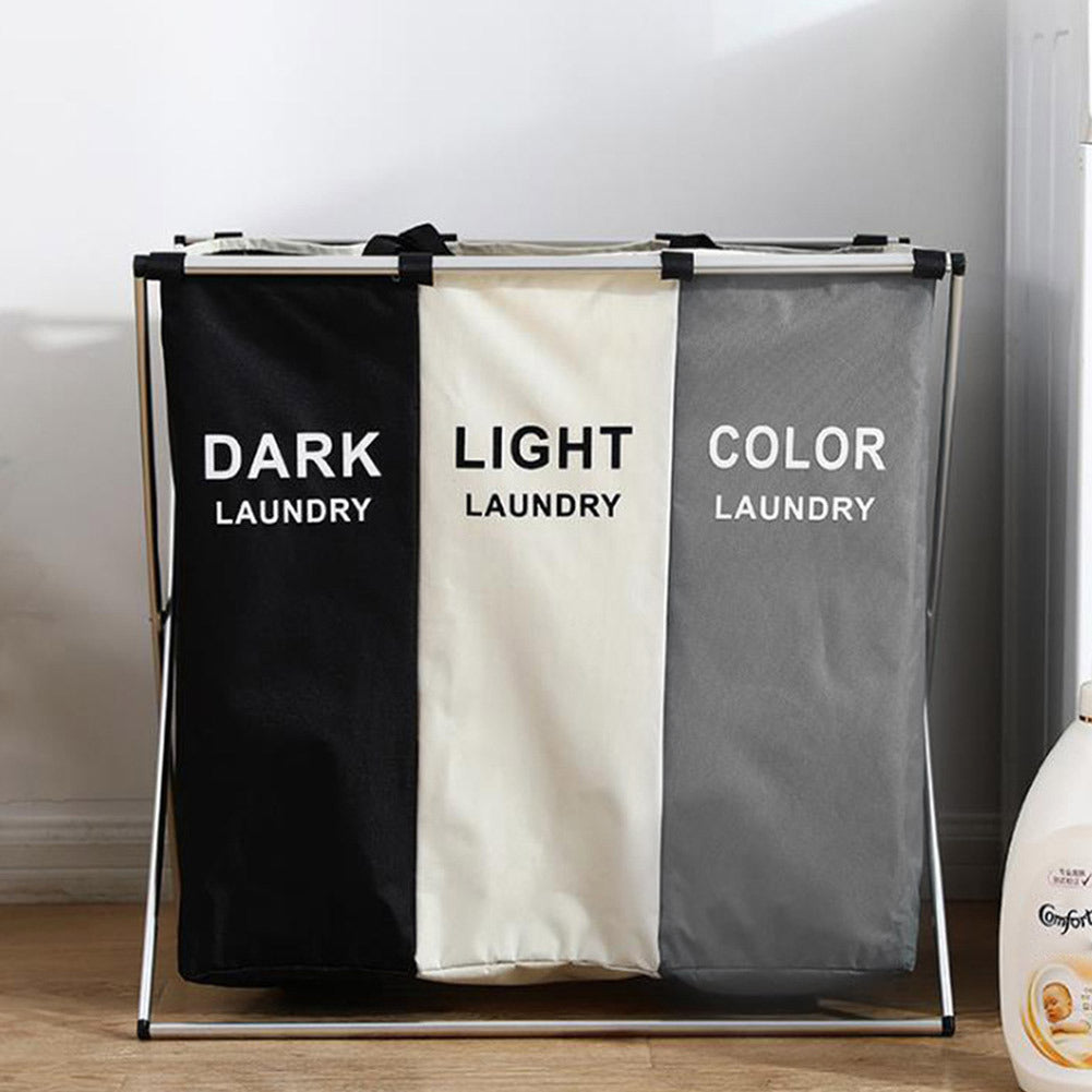 1Pack Foldable & Washable Washing Basket 3 Compartments, Stainless Steel Holder, Dirty Laundry Bag with Handle, Large Laundry Sorter Laundry Basket with Aluminum Bracket and Handle for Laundry Room, Bedroom 66*38*58cm