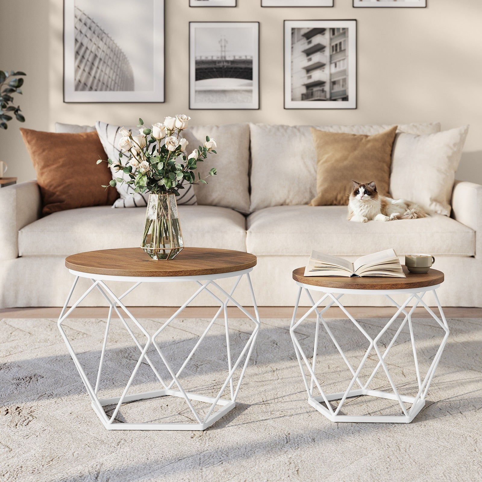Small Round Coffee Table Set of 2, with Steel Frame, for Living Room, Bedroom, Office