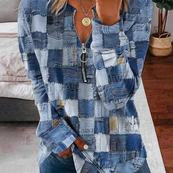 Faux Denim Printed Zipper Casual Top