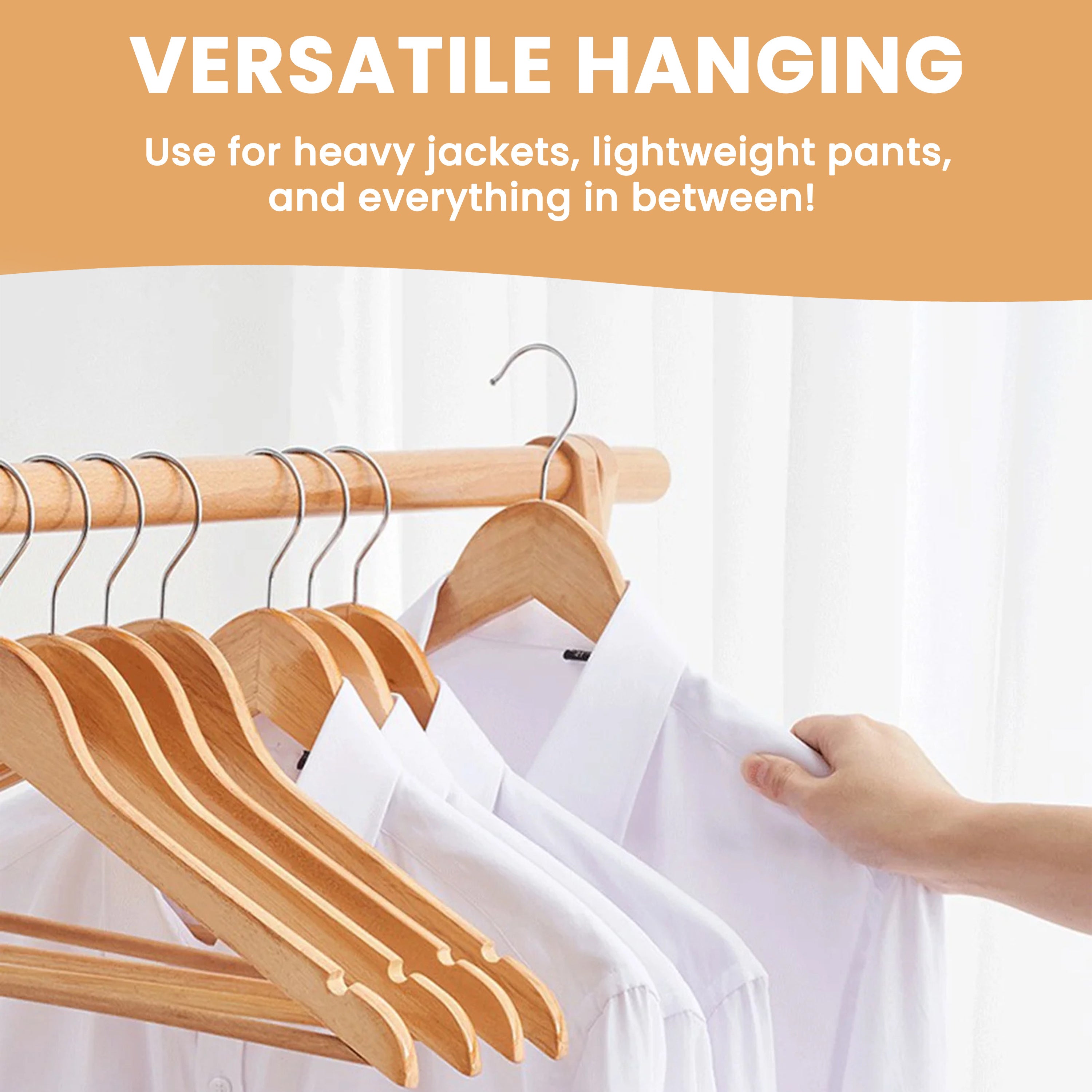 20=Pack Wooden Coat Hangers, Strong Hardwood Hanger for Coats, Jackets, Suits, Trousers, 360° Steel Swivel Hook, Trouser Bar, Shoulder Notches, Adult Hangers