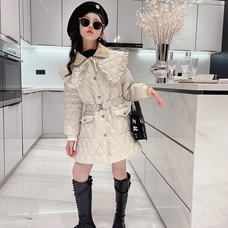 New Girl's Cotton Padded Clothes: New Style Westernized Double Collar Plush Diamond Cotton Clothes. Middle-Aged Warm Coat