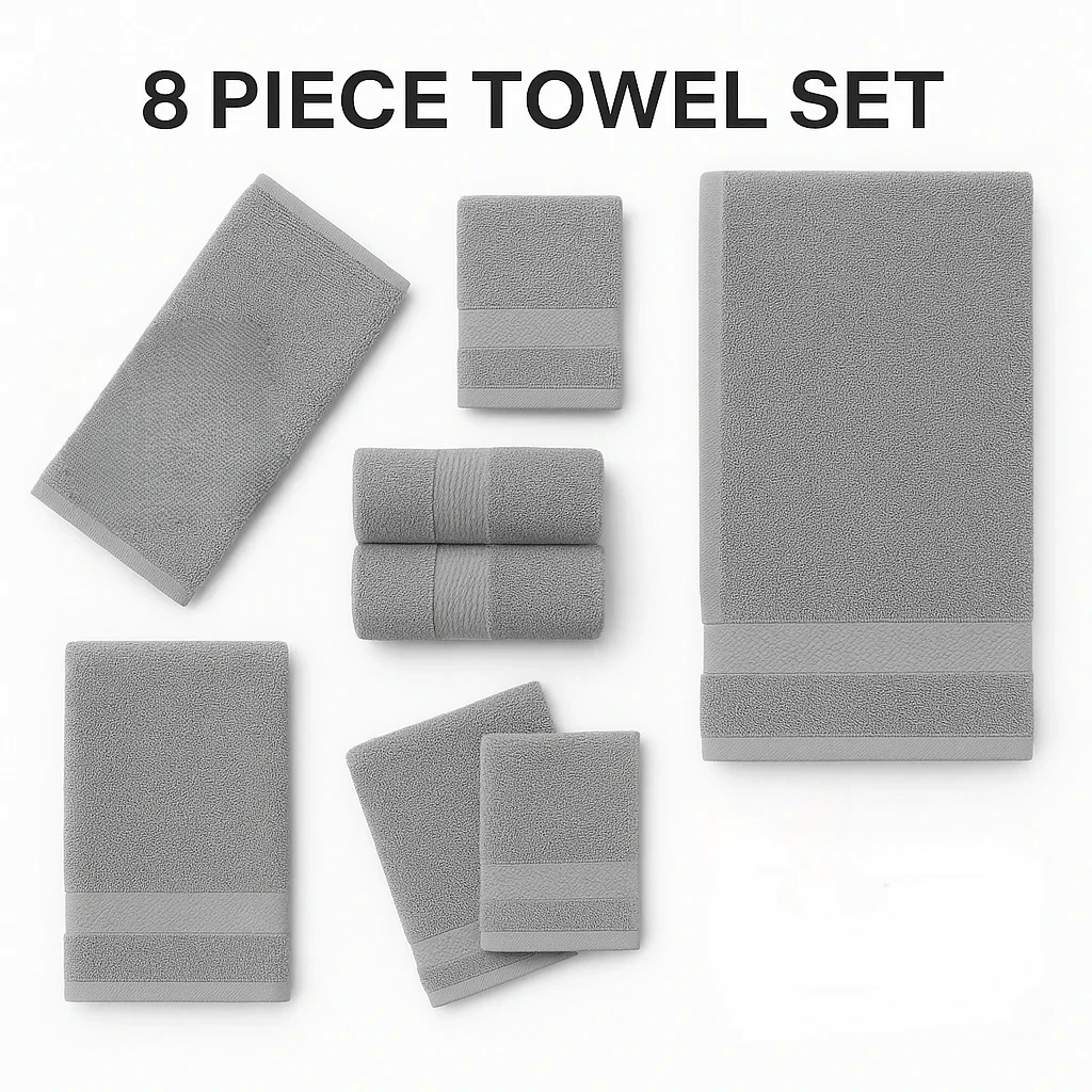 8Pack Towel Set Includes 4 Face Towels, 2 Hand Towels, and 2 Bath Towels 100% Cotton Super Soft Highly Absorbent & Durable Ideal for Bathroom Hotel Spa Gym Beach or Home Use Grey & Black