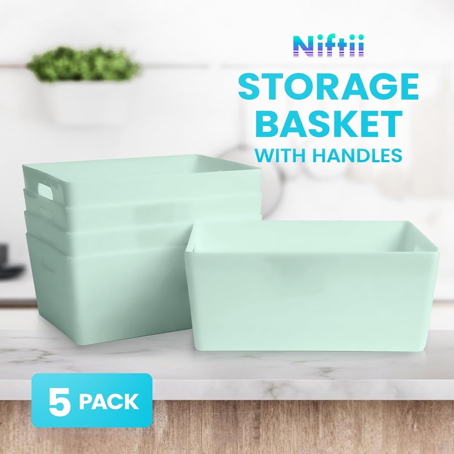Niftii 5-Pack Plastic Storage Baskets with Sturdy Handles, Lightweight & Durable Design, Ideal for Kitchen, Bathroom, and Cleaning Organisation, 3.9L Capacity, 17 x 25 x 11cm