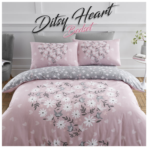Floral Heart Duvet Set Soft Polycotton Bed Cover | Reversible Heart and Blooming Flower Pattern Quilt Cover with Button Closure | Soft & Breathable | Includes Matching Pillowcases | Single, Double & King | UK