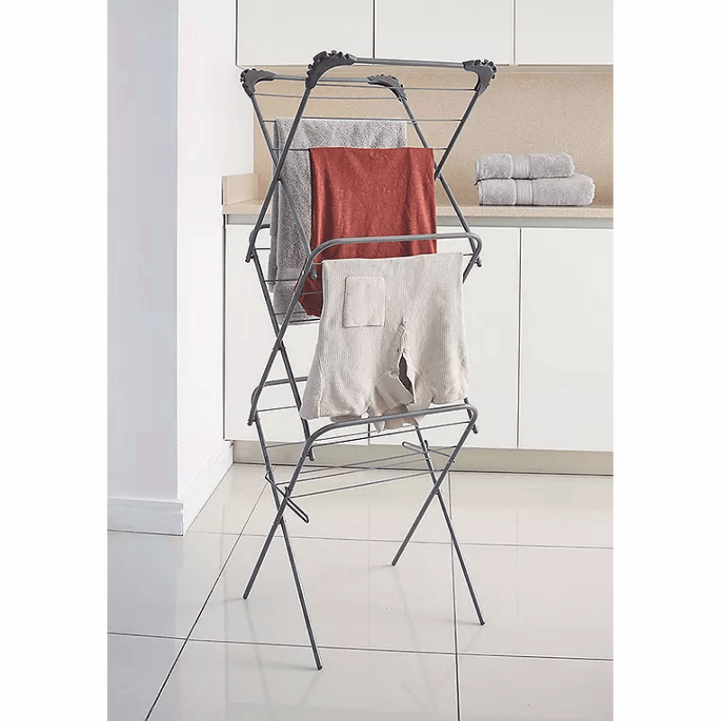 3 Tier Foldable Airer Clothes Drying Laundry Rack with Corner Hanger Slots Portable Indoor & Outdoor Airer, 15m Wash Line Rails Non Slip Feet,5.5cm Folded Space Saving Design, Grey