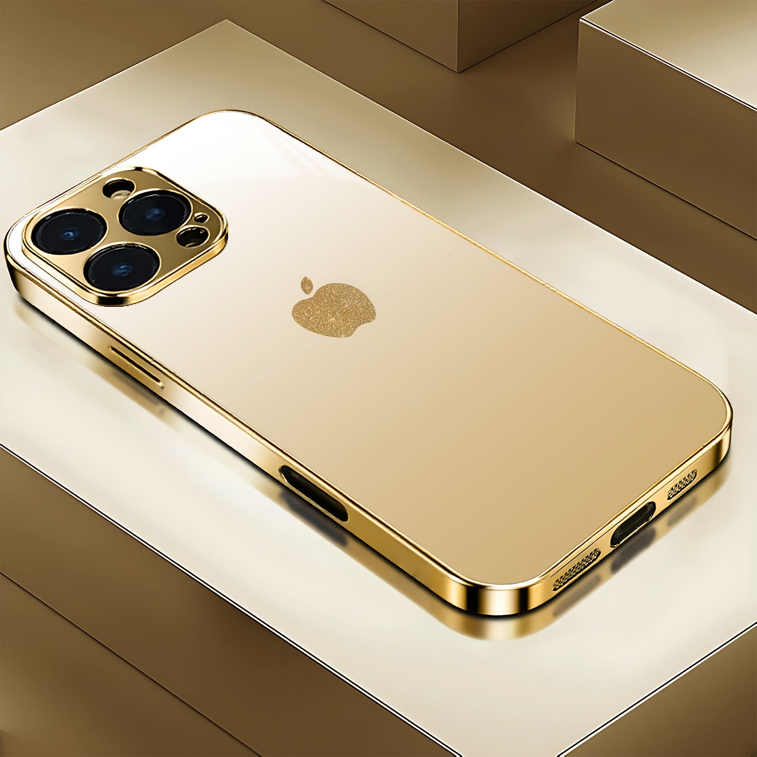 Golden Electroplated iPhone Case with Apple Design – Full-Coverage Frosted Tempered Glass Protection for iPhone 11–18 Series, Dirt-Resistant