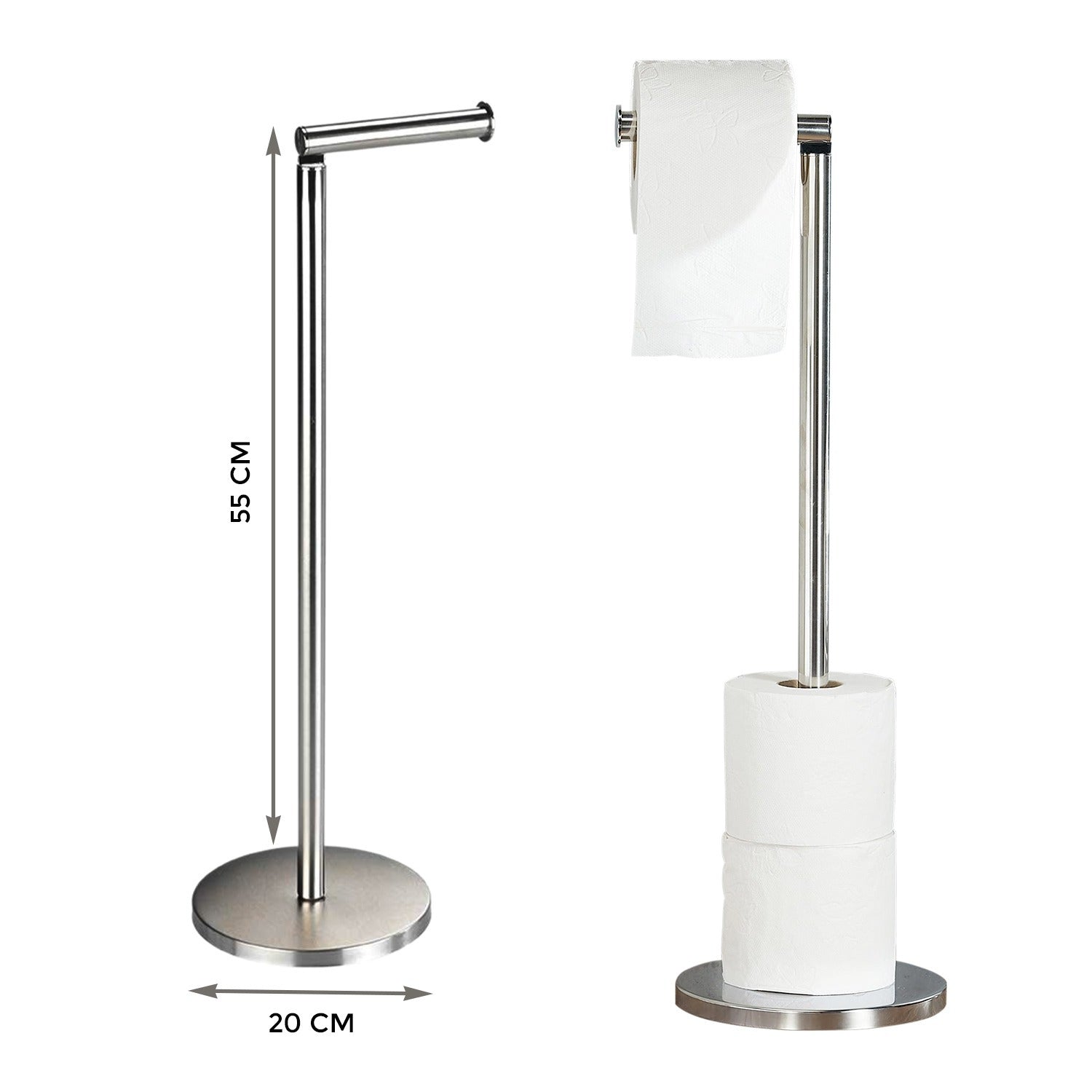 Toilet Roll Holder Free Standing - 2 in 1 Stainless Steel Toilet Paper Holder, Up to 5 Toilet Roll Storage - No Drill Toilet Roll Stand
