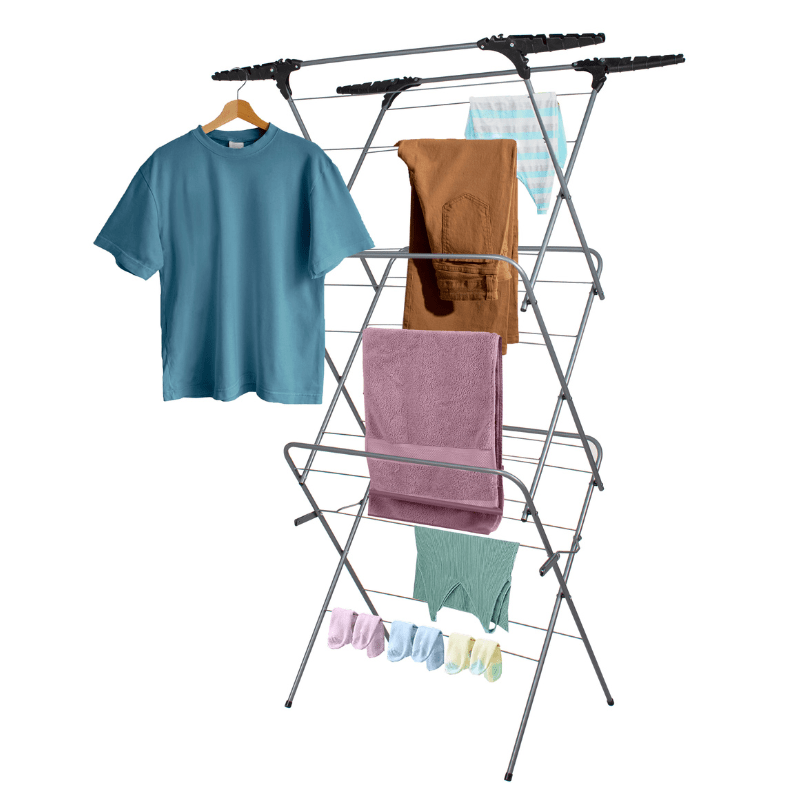 Foldable 3 Tier Airer with Wings Collapsible Arms for Hangers, 15m Clothes Drying Airer Laundry Rack Portable Indoor & Outdoor Free Standing Airer, Non Slip Feet with Hanging Option Space Saving Wash Line 5.5cm Folded, Grey
