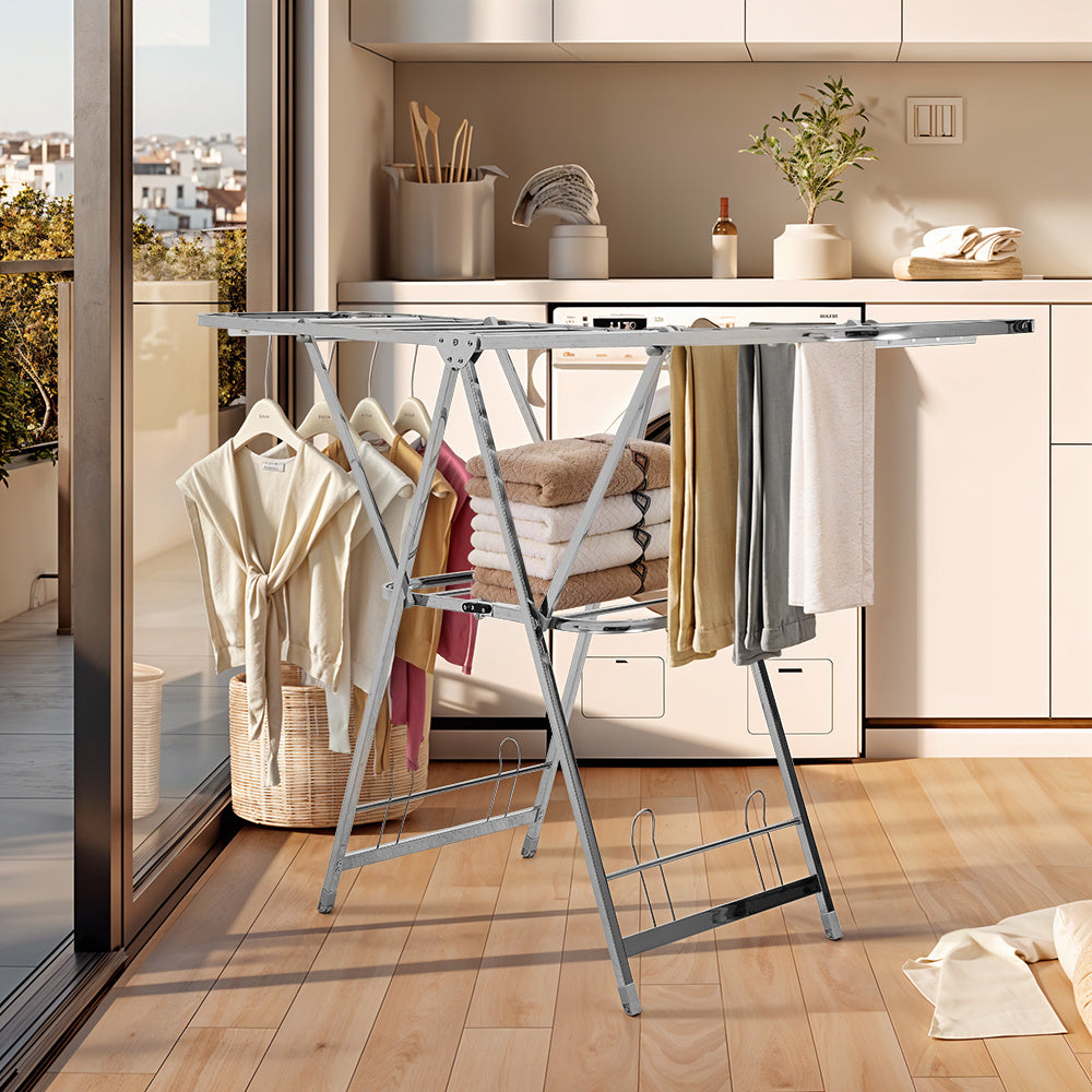 Staiinless Steel Folding Drying Rack, 2-Level Clothes Airer with Height Adjustable Wing, Freestanding Drying Rack for Clothes Socks Towels Shoes Quilts, Multifunctional Air Dryer, Foldable Wing Clothes Drying Rack, No Assembl