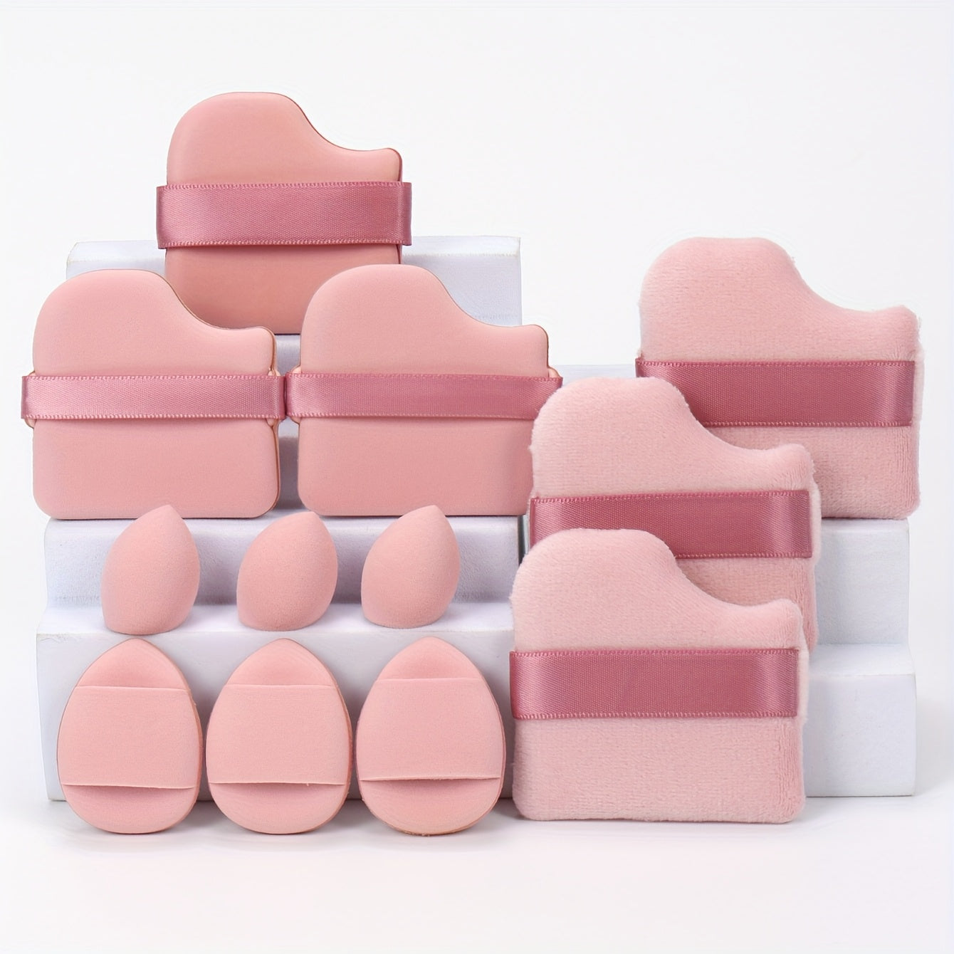 All-in-one 12pack/8pack makeup sponge set, consisting of 3 loose powder puffs, 3 mini air cushion puffs, 3 makeup sponges and 3 mini makeup sponges /or makeup puff& brush 8pcs set. Does not contain latex, does not easily eat