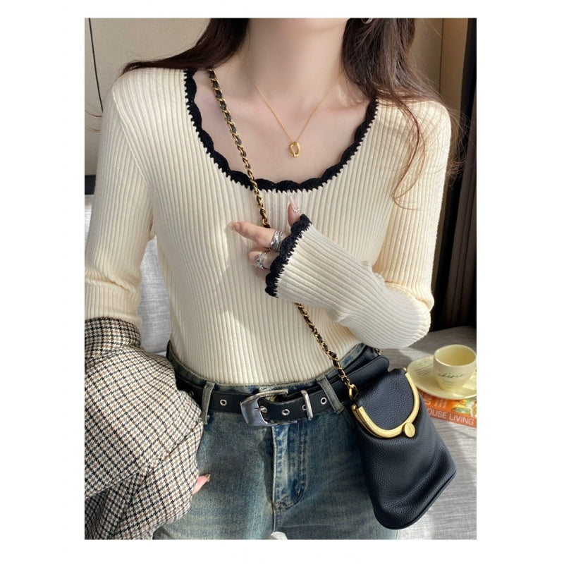 French Style Classic Style Bell Sleeve Wooden Ear Knitted Sweater