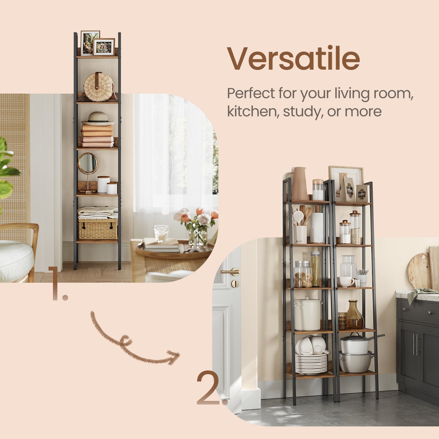 Bookshelf, 5-Tier Narrow Book Shelf, Ladder Shelf for Home Office, Living Room, Bedroom, Kitchen, Versatile Storage Solution, Stable And Safe Design, Sturdy Steel And Particleboard Construction