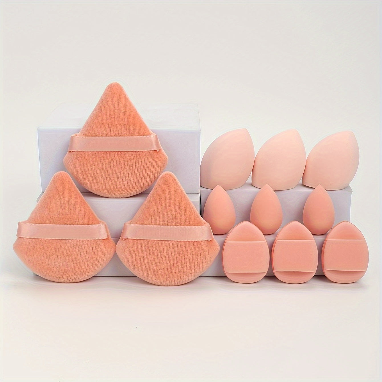 All-in-one 12pack/8pack makeup sponge set, consisting of 3 loose powder puffs, 3 mini air cushion puffs, 3 makeup sponges and 3 mini makeup sponges /or makeup puff& brush 8pcs set. Does not contain latex, does not easily eat
