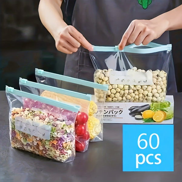 60pcs Reusable Food Storage Bags - 3 Sizes Available, Zipper Sealed & Leak-Proof, Suitable for Fruits, Vegetables, Meat & Grains, Essential for Kitchen Organization