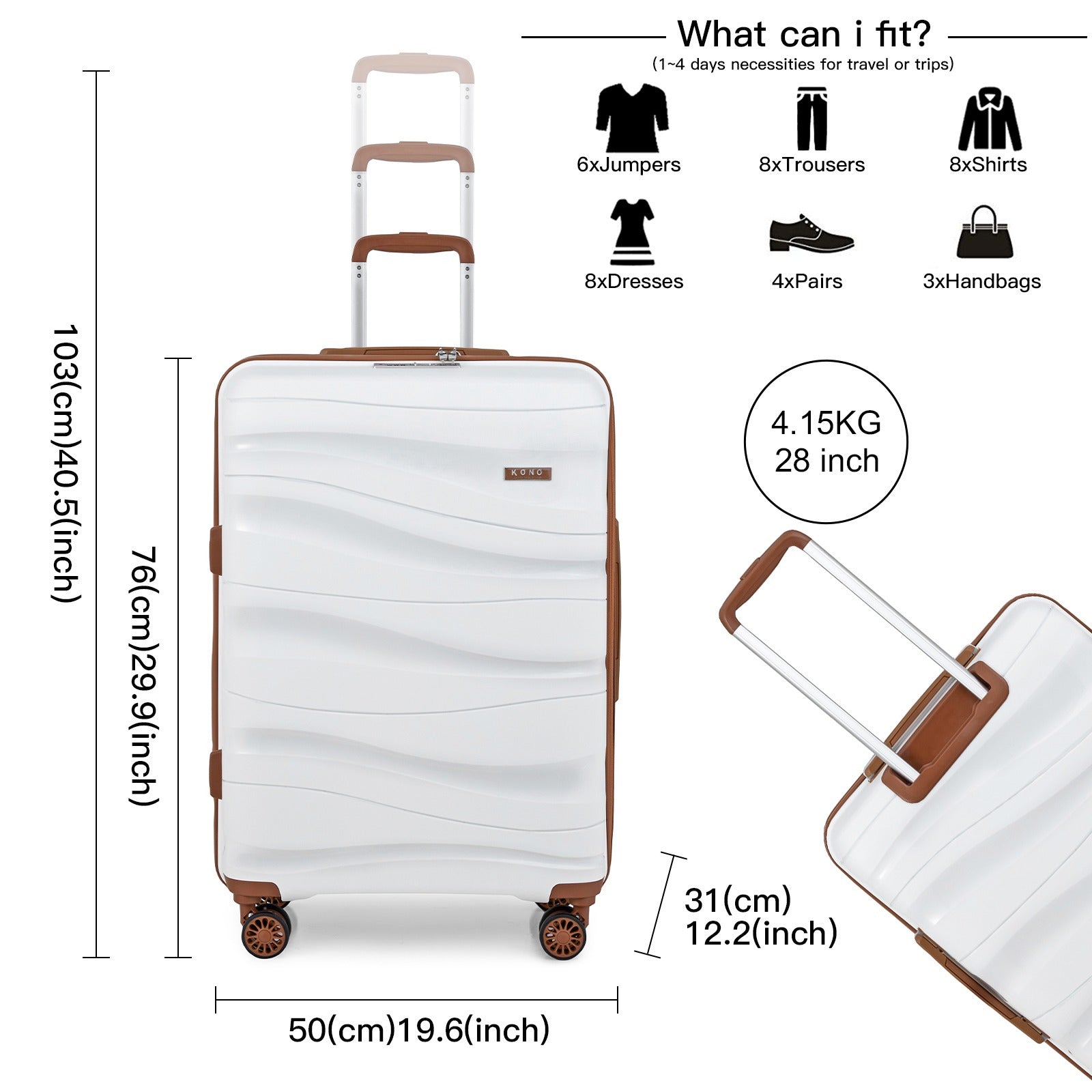 1Pcs of 20inch luggage Lightweight Polypropylene Hard Shell Suitcase with TSA Lock Spinner Wheels Travel Trolley Case and Beauty Case 14/20/24/28 Cream White Luggage Sets of 4 Piece, Luggage For Travel