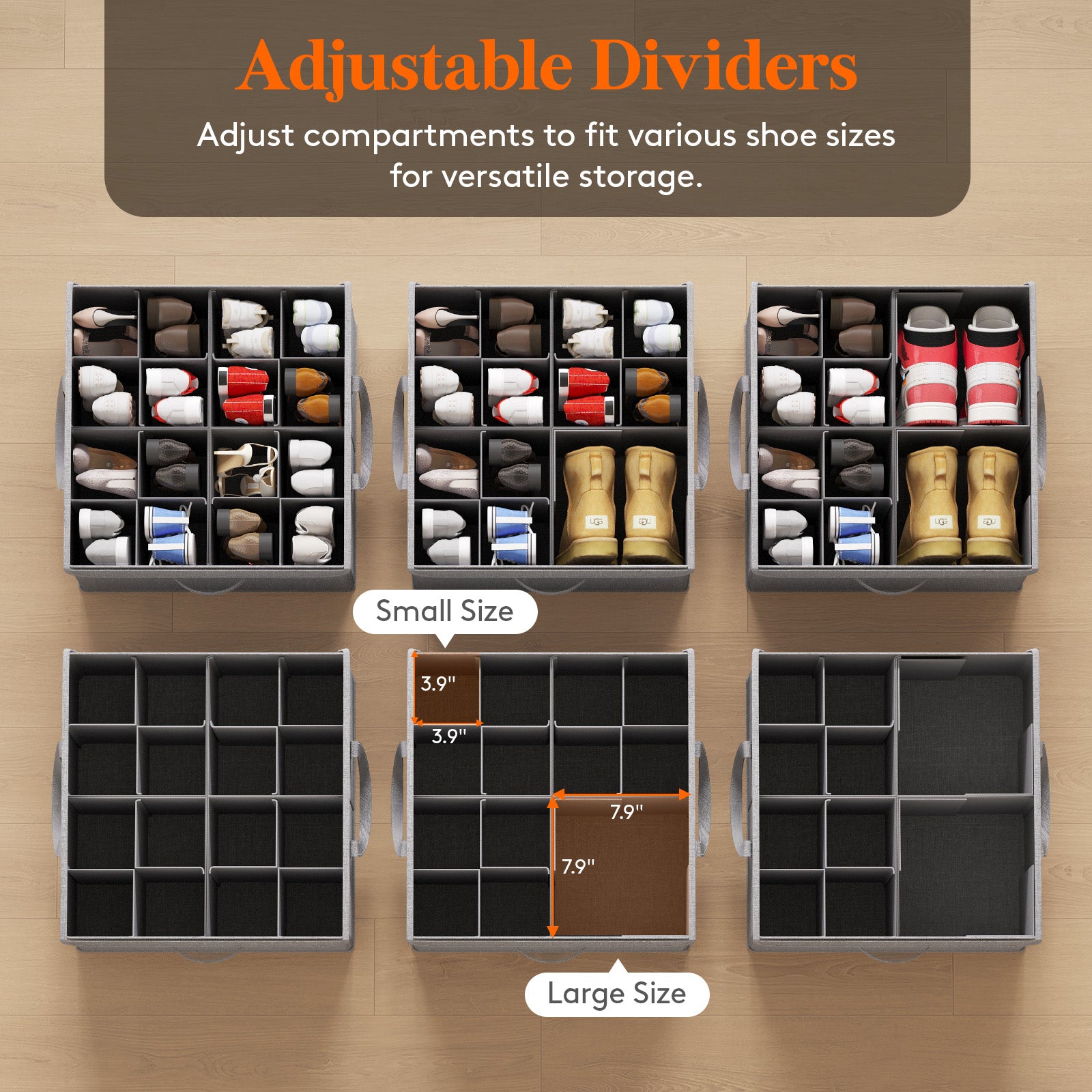 1/2 Pack Shoe Organizer for Closet Foldable Storage Bins with Adjustable Dividers, Clear Cover, and Bottom Support, Fits 16 Pairs of Boots, Heels, and Sneakers