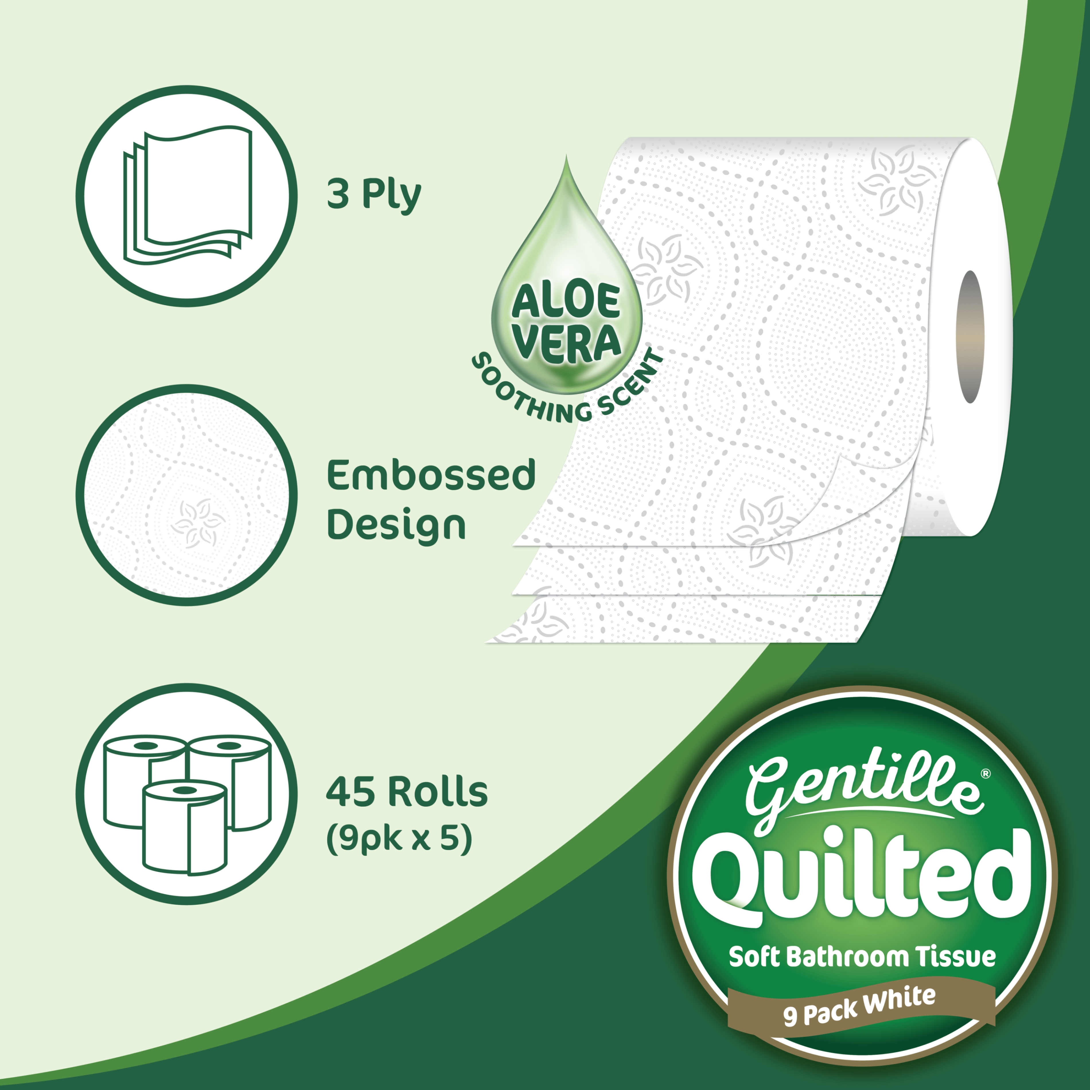 Toilet Tissue 45 rolls. Gentille Quilted Bathroom Aloe Vera Tissue Luxury 3-Ply Toilet Paper Soft, Strong & Responsibly