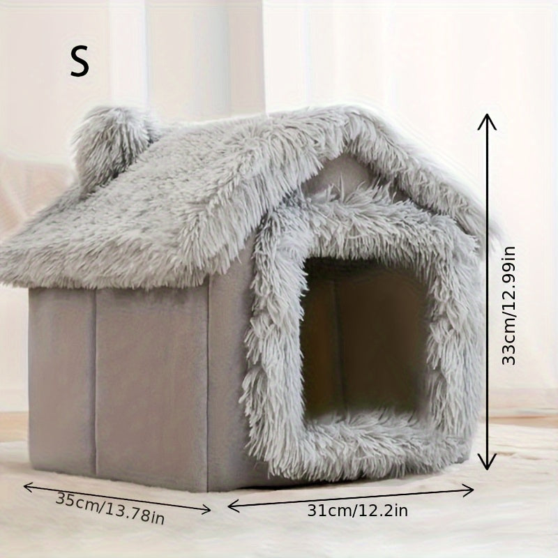 Four-season Comfortable Plush Pet Bed for Cats and Dogs with Removable Non-slip Bottom, Semi-enclosed Cat House