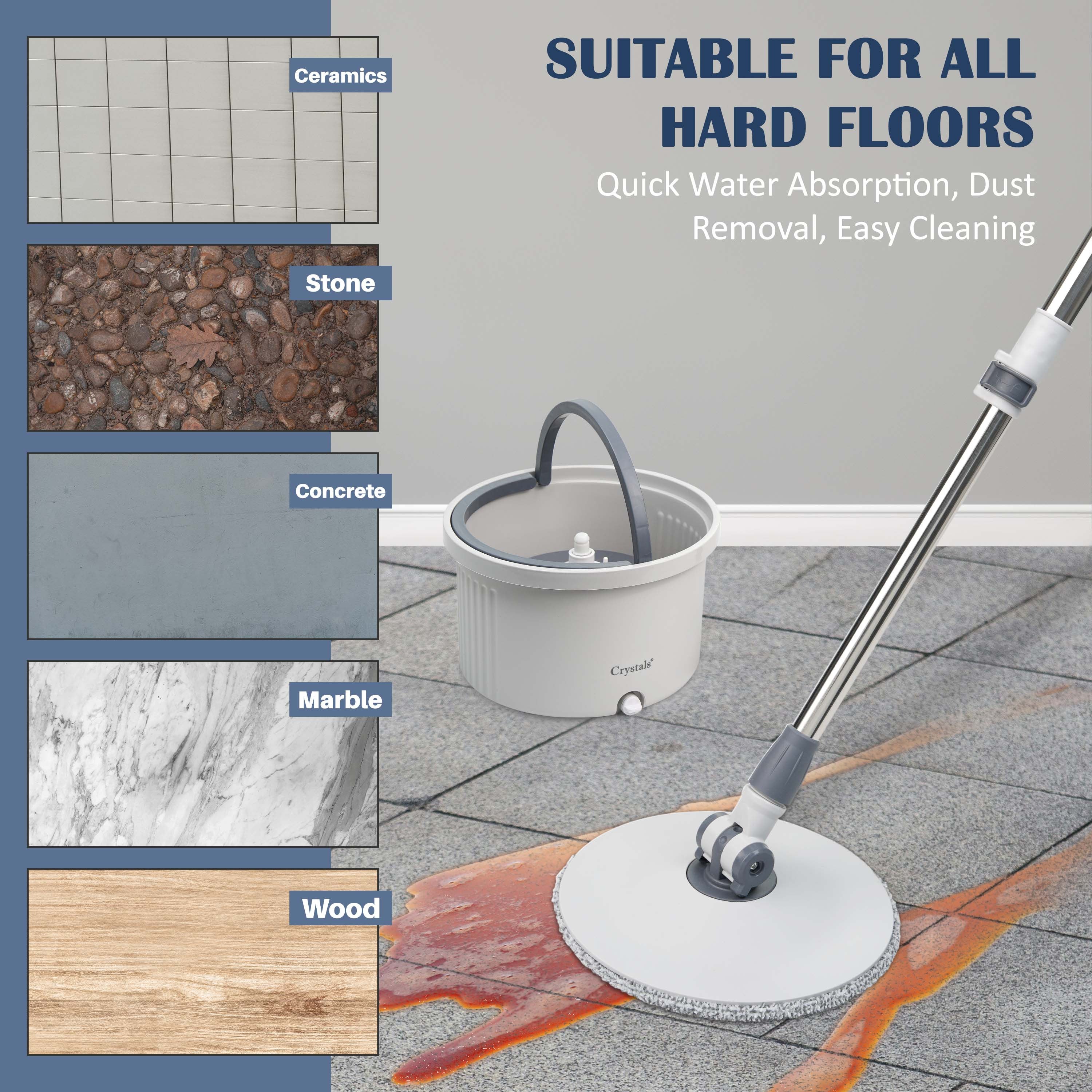 Spin Mop and Bucket Set for Floor Cleaning – Compact Cleaning System with 360° Rotating Head, 2 Refill Microfibre Pads, Squeeze Wringer Washing Dry Mop Set (Round Mop & Bucket with 2 Pads)