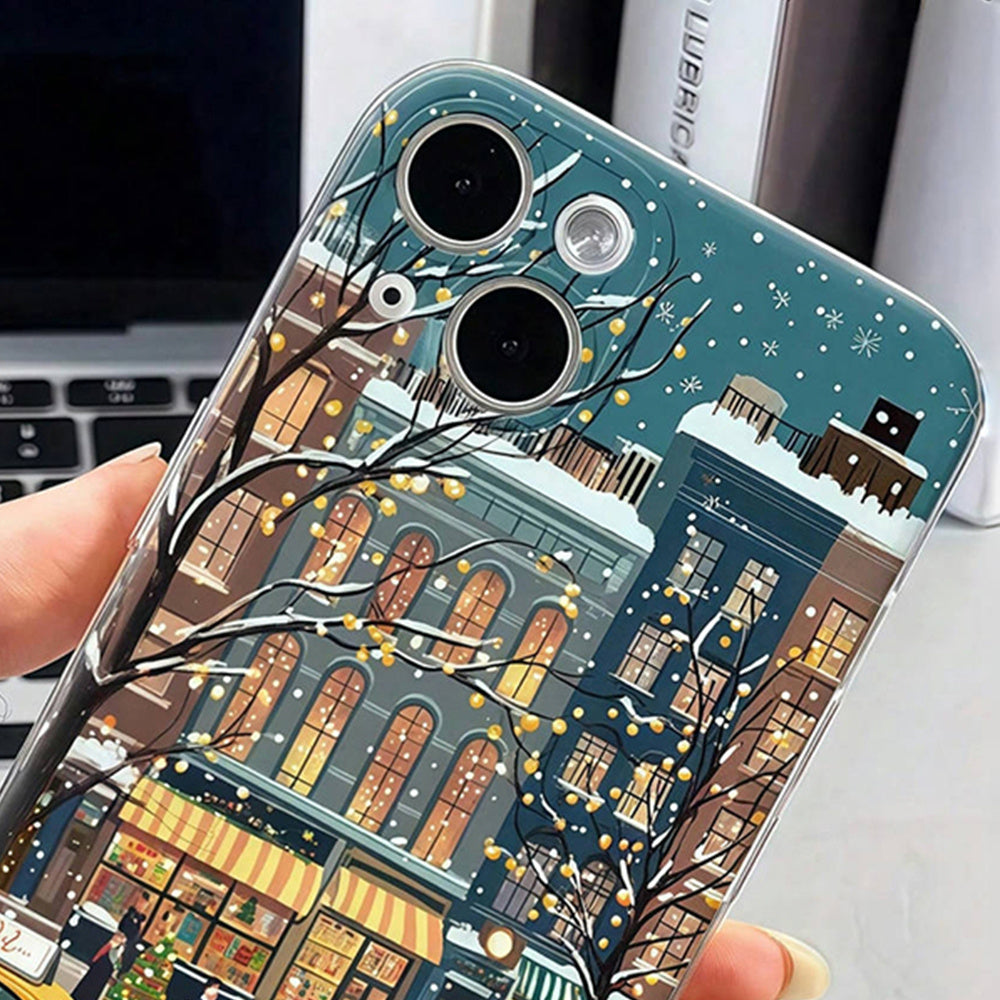 Winter Cityscape Pattern Transparent Space Full Cover TPU Mobile Phone Case Suitable for iPhone16 15 14 13 12 11 promax xr